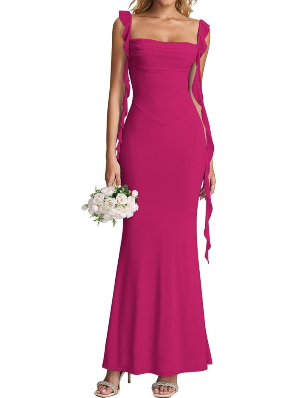 Women's Hot Pink Boat Neck Elegant Ruffle Bodycon Formal Cocktail Maxi Dress